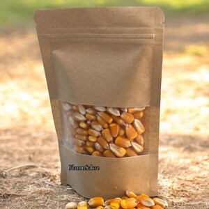 May include: A brown paper bag with a clear window, filled with yellow and white corn kernels. A small pile of corn kernels sits in front of the bag. The text "FlannSakre" is visible on the bag.