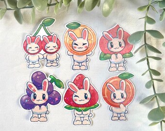Bunny Fruit Holographic Sticker Set - Food Stickers, Kawaii Cute Stationery, Grape Peach Strawberry Cherry, Planner Notebook Laptop Journal
