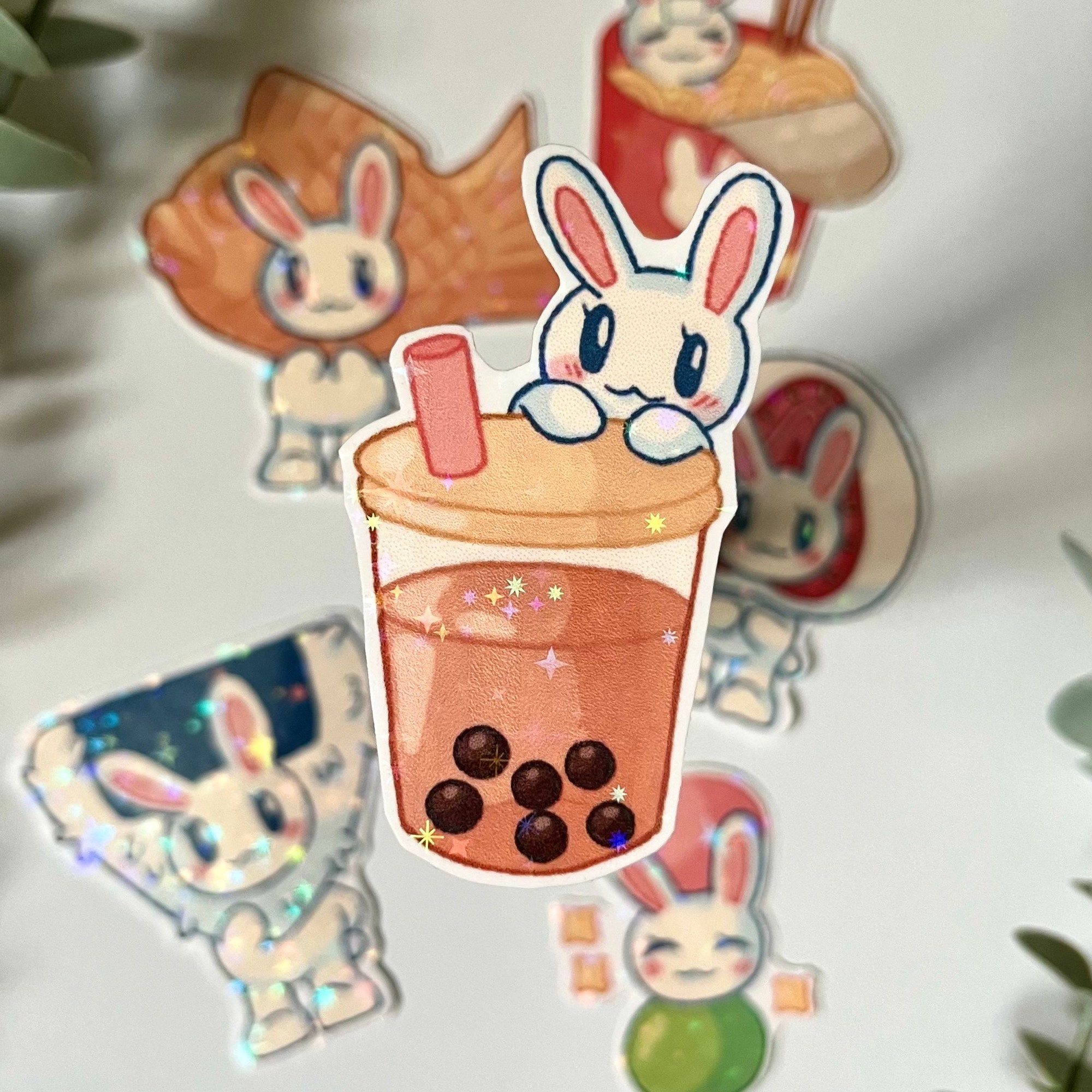 Bunny Asian Snack Holographic Sticker Set - Food Stickers, Kawaii Cute ...