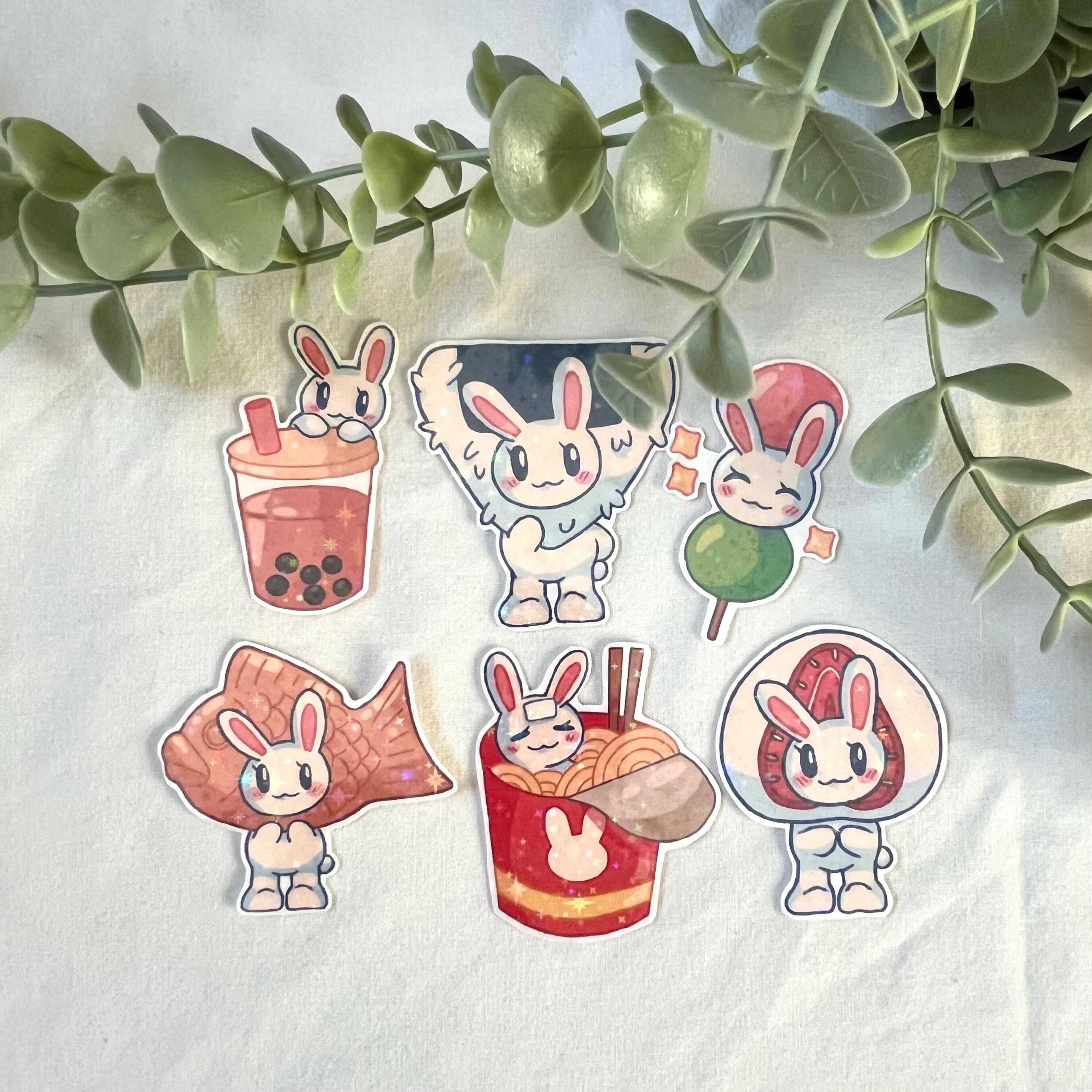 Bunny Asian Snack Holographic Sticker Set - Food Stickers, Kawaii Cute Stationery, Boba Bubble Tea Ramen, Planner Notebook Laptop Journal