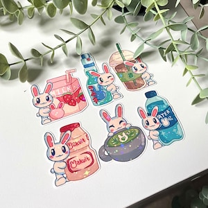 Bunny Drinks Holographic Sticker Set - Food Stickers, Kawaii Cute Stationery, Matcha Ramune Strawberry Milk, Planner Notebook Laptop Journal