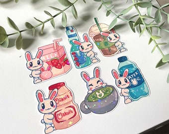 Bunny Drinks Holographic Sticker Set - Food Stickers, Kawaii Cute Stationery, Matcha Ramune Strawberry Milk, Planner Notebook Laptop Journal