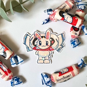 Holografische sticker konijn wit konijn - voedselstickers, kawaii schattig briefpapier, Boba Bubble Tea Candy, planner notebook laptop dagboek