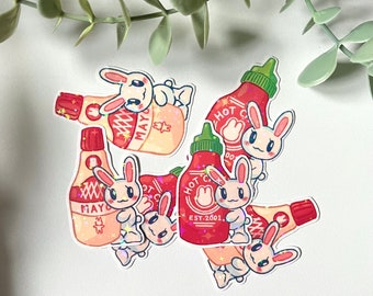 Bunny Asian Sauces Holographic Sticker Set - Food Stickers, Kawaii Cute Stationery, Kewpie Mayo Sriracha, Planner Notebook Laptop Journal