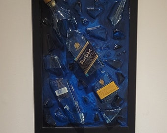 Johnnie Walker BLUE LABEL Broken Bottle Art Framed Wall Art Décor Epoxy/Resin Frame Cool Gift for Home Living Room Bar Mancave Holidays