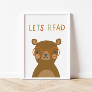 Let&#39;s Read Nursery Decor Wall Art Print Kids Play Room Printable Cute Bear Art Poster Digital Download Reading Print Decor