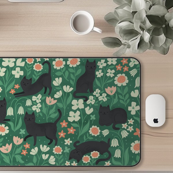 Cottagecore Desk Mat Black Cat Gaming Desk Pad Plant Lover Nature Botanical Dark Green Mouse Pad Floral Garden Cat Desk Mat