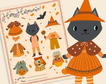 Muñeca de papel de Halloween Descarga digital Imprimible Actividad de temporada Niños Otoño Manualidades Lindo Gato negro de Halloween Muñeca de papel mágica