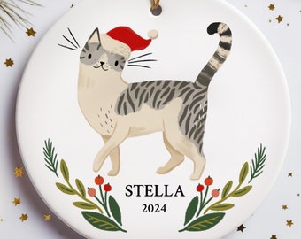 Tabby Personalized Christmas Ornament Gift Custom Name Gray Bicolor Tabby Cat Gift for Pet Lover Custom Christmas Ornament
