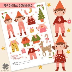 Printable Paper Doll Christmas Elves Digital Download Seasonal Activity for Kids Pink Christmas Art Crafting Paper Dolls