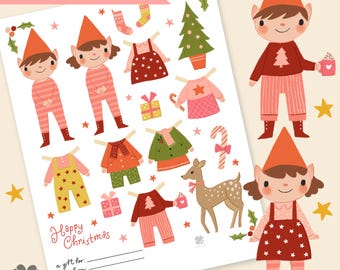 Afdrukbare papieren pop Kerstelfen Digitale download Seizoensgebonden activiteit voor kinderen Pink Christmas Art Crafting Paper Dolls