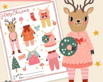 Paper Doll kerst Digitale download Afdrukbare seizoensactiviteit voor kinderen Pink Christmas Art Crafting Paper Doll hert