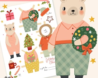 Afdrukbare papieren kerstpop Digitale download seizoensgebonden activiteit voor kinderen Pink Christmas Art Crafting Bear Paper Doll