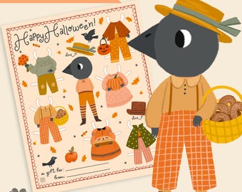 Muñeca de papel de Halloween Descarga digital Imprimible Actividad de temporada Niños Otoño Manualidades Lindo Cuervo de Halloween Muñeca de papel mágica