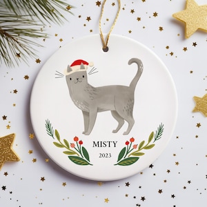 Personalized Gray Cat Ornament Hand Drawn Cat Ceramic Ornament Gray Cat Mom Christmas Decor Pet Name Ornament With Name Pet Memorial Gift