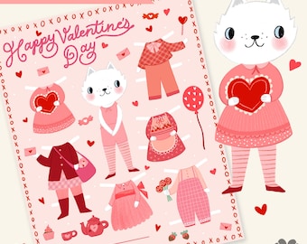 Muñeca de papel de gato de San Valentín Descarga digital Actividad de temporada imprimible para niños Manualidades de arte del día de San Valentín rosa Muñeca de papel femenina