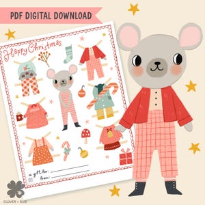 Christmas Paper Doll Digital Download Printable Seasonal Activity for Kids Pink Christmas Art Crafting Mouse Magical Paper Doll