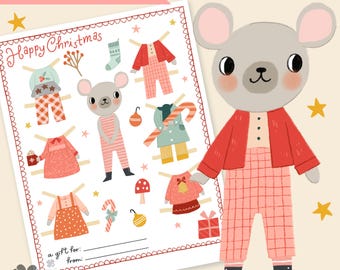 Kerst Paper Doll Digitale download Afdrukbare seizoensgebonden activiteit voor kinderen Pink Christmas Art Crafting Mouse Magical Paper Doll