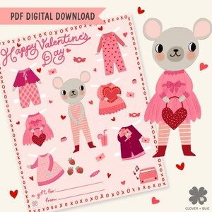 Valentine Paper Doll Digital Download Printable Seasonal Activity for Kids Pink Valentines Day Art Crafting Mouse Girly Paper Doll