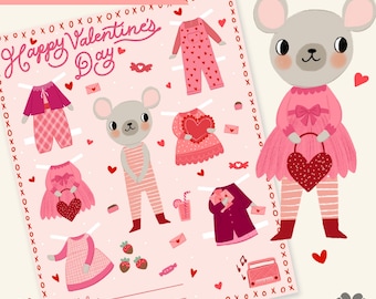Muñeca de papel de San Valentín Descarga digital Actividad de temporada imprimible para niños Manualidades artísticas para el día de San Valentín rosa Muñeca de papel de ratón femenina