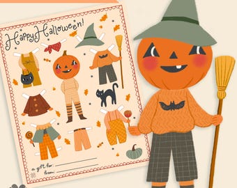 Muñeca de papel de Halloween Descarga digital Imprimible Actividad de temporada Niños Otoño Manualidades Linda Calabaza de Halloween Muñeca de papel mágica