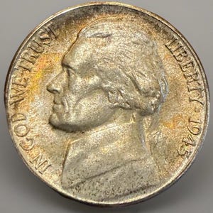 1943 D Jefferson War Nickel -35% Silver - Uncirculated - Rainbow Toned