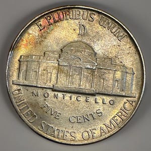 1945 D Jefferson War Nickel - BU - Nice Rainbow Toning - Almost Full Steps
