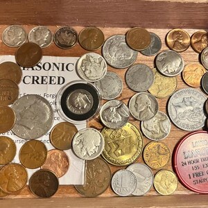 Fancy Cigar Box of mixed USA Coins / World Coins / Tokens …includes 90% silver dimes