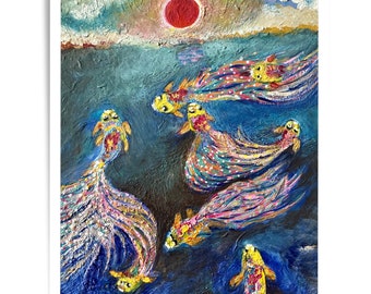 Könnte beinhalten: Ein Ölgemälde auf Leinwand, das fünf bunte Koi-Fische zeigt, die in tiefblauem Wasser unter einer leuchtend roten Sonne schwimmen. Die Fische haben strukturierte, mehrfarbige Schuppen und lange, fließende Flossen. Der Himmel ist grob gemalt.