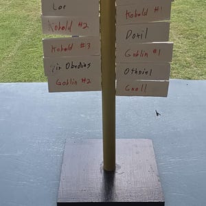 May include: A wooden sign holder with a black base, a yellow pole, and white card inserts. The cards have handwritten names like "Ben", "Lor", "Kobold #2", and "Troll 1". The sign is on a blue surface, with a green background.