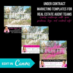 Könnte beinhalten: Vier Social-Media-Marketingvorlagen für Immobilienmakler. Jede Vorlage zeigt ein pinkfarbenes Neon-Schild mit der Aufschrift "Unter Vertrag" mit einem Haus im Hintergrund. Die Vorlagen sind mit Ihren eigenen Fotos, Ihrem Logo und Ihren Kontaktinformationen anpassbar. Der Text "In Canva bearbeiten" wird in einem blaugrünen Feld angezeigt.