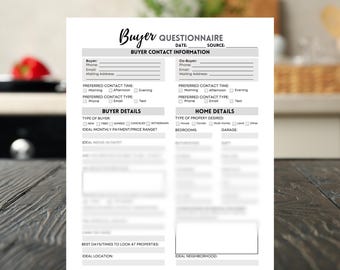 Home Buyer Questionnaire PDF | Real Estate Buyer Intake Form | Realtor Client Info Sheet