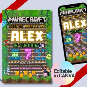 Birthday Invitation for a Minecraft-themed Party | Customizable and Ready-to-Print Birthday Party Invitation with a Mine Theme