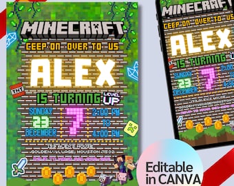 Birthday Invitation for a Minecraft-themed Party | Customizable and Ready-to-Print Birthday Party Invitation with a Mine Theme