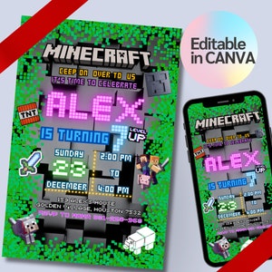 Birthday Invitation for Gaming Enthusiasts, Invitations for a Game-themed Birthday Party,Minecrafter Game Invitation Template,Canva Editable
