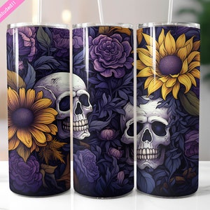 Skulls and Roses Sunflowers Tumbler Wrap, 20 oz Skinny Tumbler Sublimation Design, Gothic Tumbler Wrap, Digital Download PNG