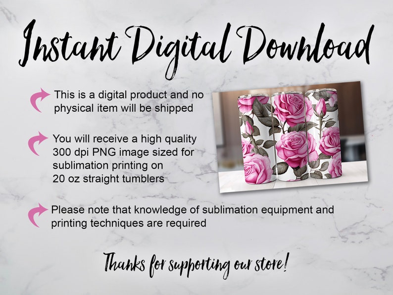 Puede incluir: Tres dise&ntilde;os de sublimaci&oacute;n con rosas rosas sobre un fondo blanco. Los dise&ntilde;os son para vasos rectos de 20 onzas. Descarga digital instant&aacute;nea.