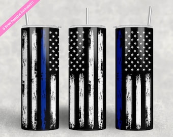 Thin Blue Line USA Flag Tumbler Wrap - Police Officer Gift (Digital Download PNG)
