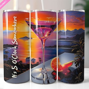 5 O&#39;Clock Somewhere 20 oz Skinny Tumbler Wrap Sublimation Design, Ocean Beach Summer Vibes, Retro Vaporwave Design, Digital Download PNG