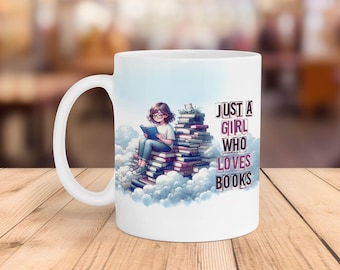 Book Lover Mug Wrap: Girl Reading on Books PNG Design (Digital Download)