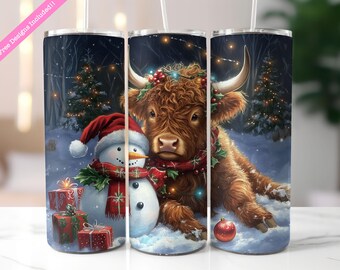 Christmas Highland Cow Tumbler Wrap: Winter Sublimation Design (Digital Download)