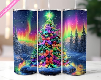 Christmas Tree Tumbler Wrap: Winter Northern Lights Design (Digital Download PNG)