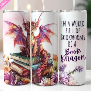 Book Dragon 20 oz Tumbler Wrap Sublimation Design (Digital Download PNG)