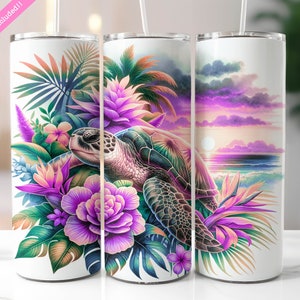 Tropical Sea Turtle Floral Tumbler Wrap, 20 oz Skinny Tumbler Sublimation Design, Summer Vacation Tumbler, Digital Download PNG