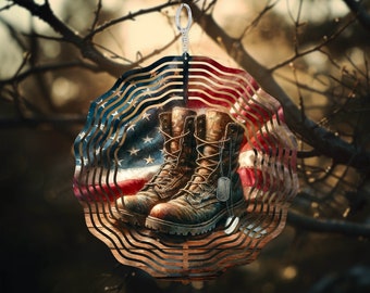 May include: Metal wind chime featuring a pair of brown leather boots with dog tags, set against a red, white, and blue American flag design.
