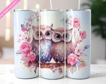 花柄フクロウのタンブラーラップ、昇華デザイン（デジタルダウンロード