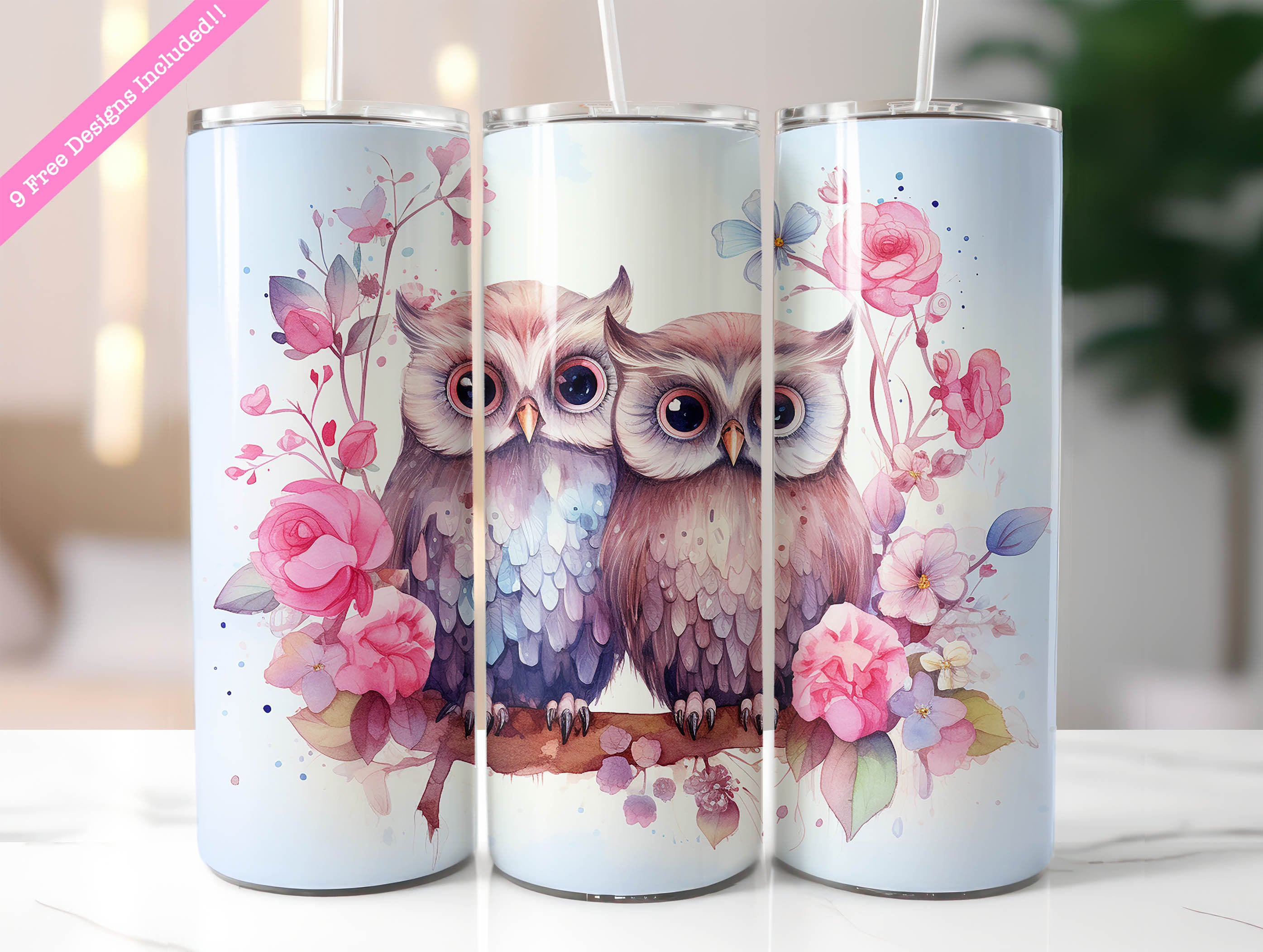 Floral Owls Tumbler Wrap, Sublimation Design (Digital Download PNG)