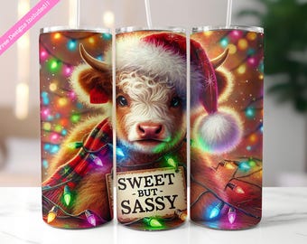 Highland Cow Christmas Tumbler Wrap: Sweet But Sassy PNG (Digital Download)