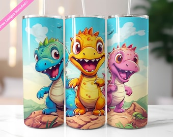 Könnte beinhalten: Drei Edelstahlbecher mit bunten Comic-Dinosauriern auf blauem Hintergrund. Die Dinosaurier sind blau, gelb und rosa. Die Becher eignen sich hervorragend für heiße oder kalte Getränke.