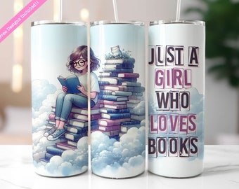 Peut inclure: Un gobelet blanc avec un motif représentant une fille assise sur une pile de livres. La fille lit un livre et porte des lunettes. Le texte "Just a girl who loves books" est sur le gobelet.
